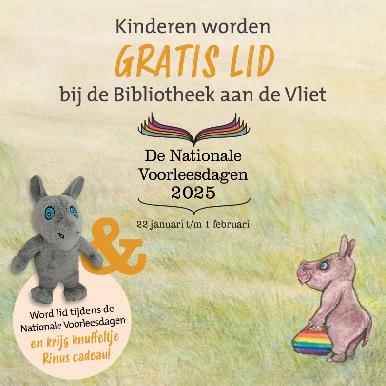 Maak je kind gratis lid van de Bibliotheek en krijg het voorleesknuffeltje van Rinus cadeau